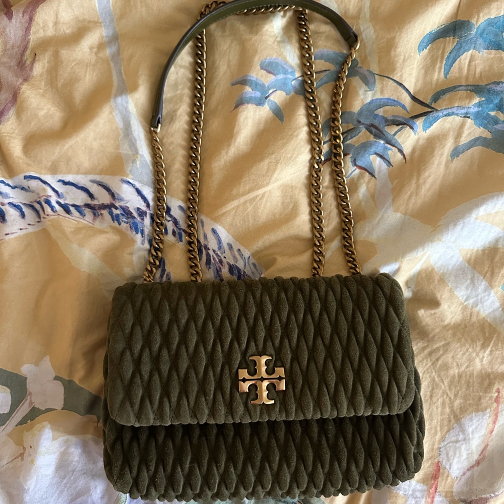 Tory Burch Kira Suede Ruched Convertible Crossbody Handbag Green